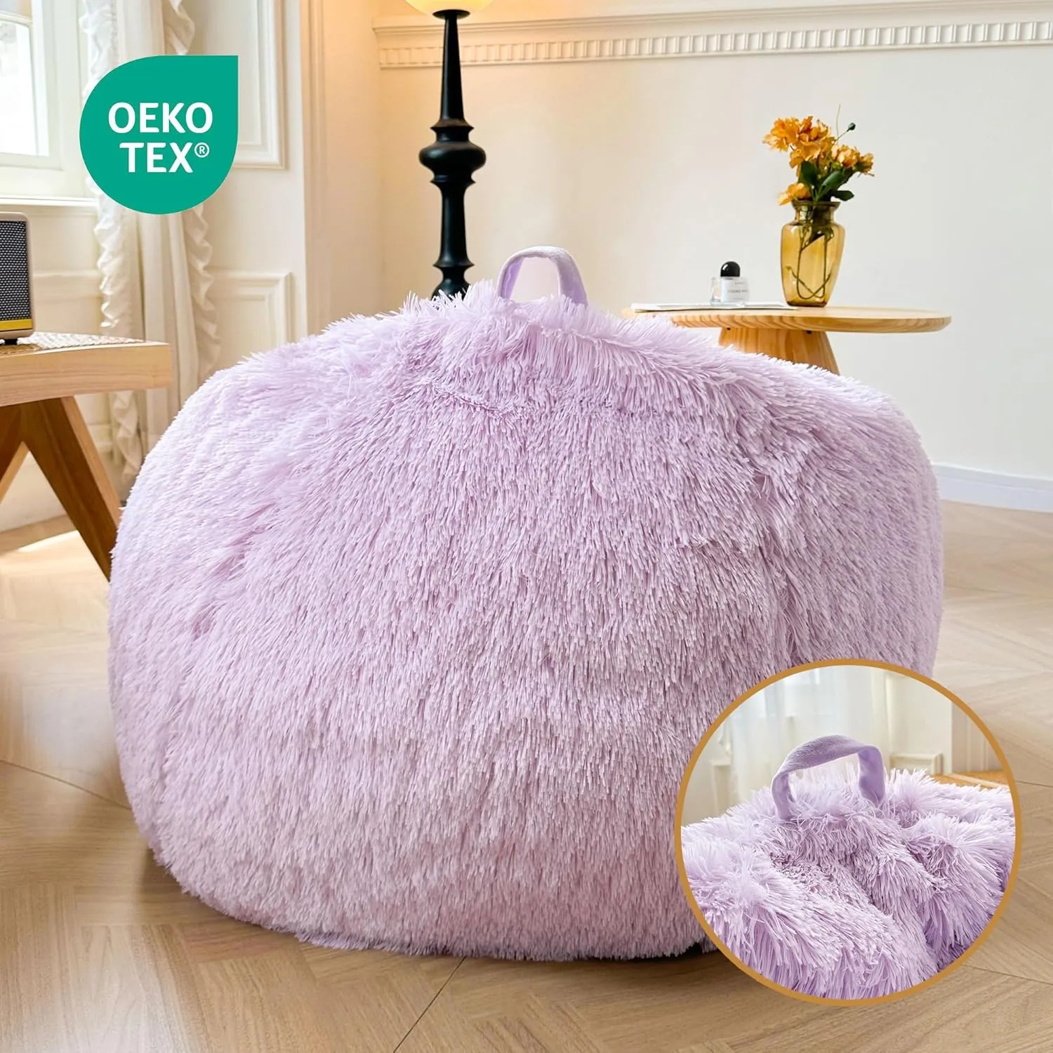 XeGe Faux Fur Comfy Bean Bag Cover for Living Room(No Filler), Fluffy Stuffed Animal Storage Bean Bag Chair Cover Light Purple, Furry Fuzzy Bean Bag Cover for Adults Kids Girls, Anti-slip, Lavender