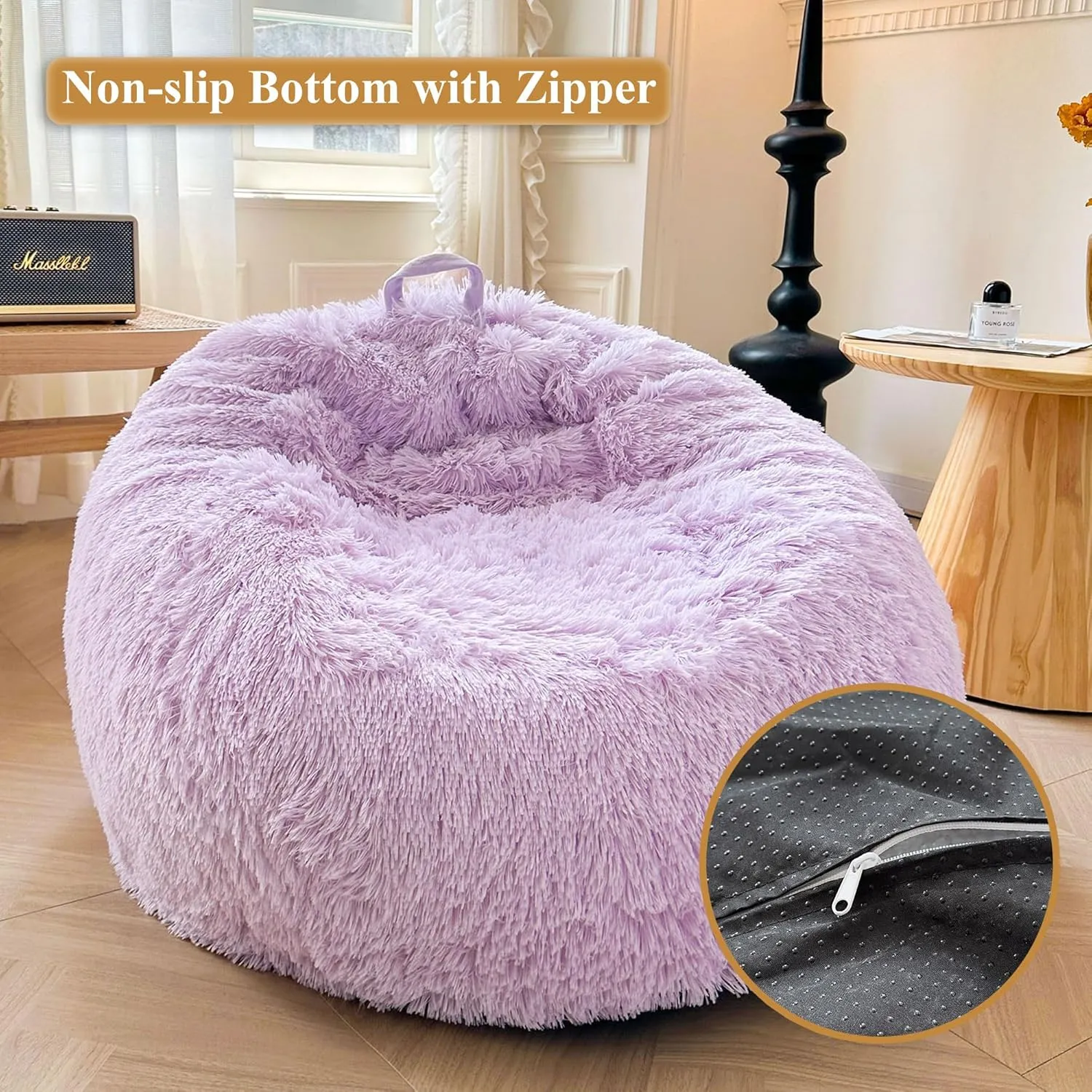 XeGe Faux Fur Comfy Bean Bag Cover for Living Room(No Filler), Fluffy Stuffed Animal Storage Bean Bag Chair Cover Light Purple, Furry Fuzzy Bean Bag Cover for Adults Kids Girls, Anti-slip, Lavender