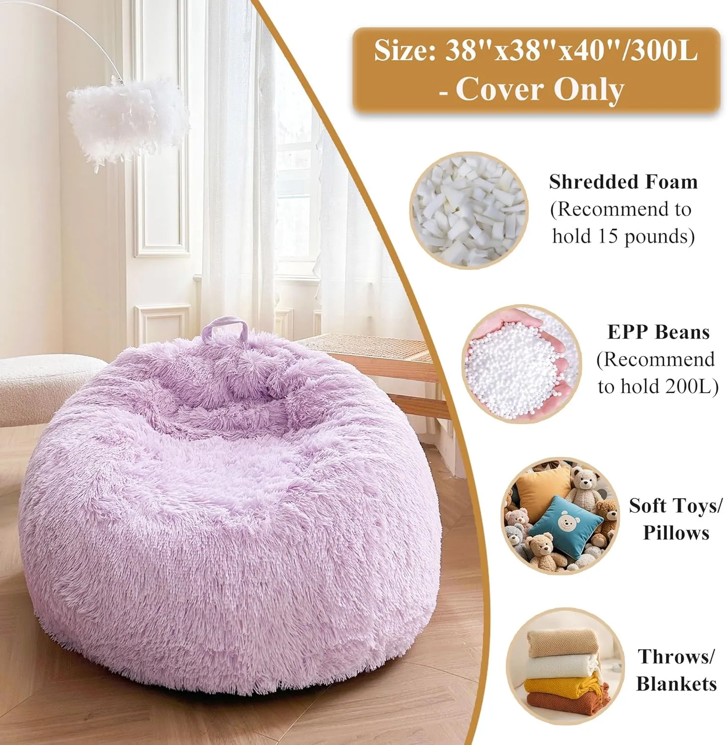 XeGe Faux Fur Comfy Bean Bag Cover for Living Room(No Filler), Fluffy Stuffed Animal Storage Bean Bag Chair Cover Light Purple, Furry Fuzzy Bean Bag Cover for Adults Kids Girls, Anti-slip, Lavender