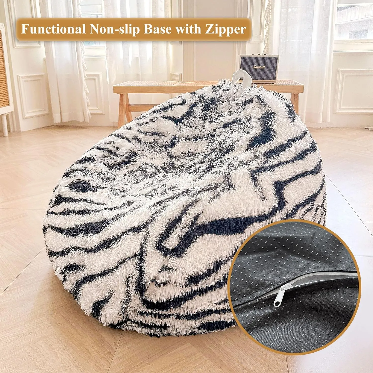 XeGe Zebra Print Faux Fur Bean Bag Chair Cover (No Filler), Striped Fluffy Stuffed Animal Storage Bean Bag, Furry Fuzzy Striped Comfy Beanbag Cover for Adult Kid, Anti-Slip, Black and White