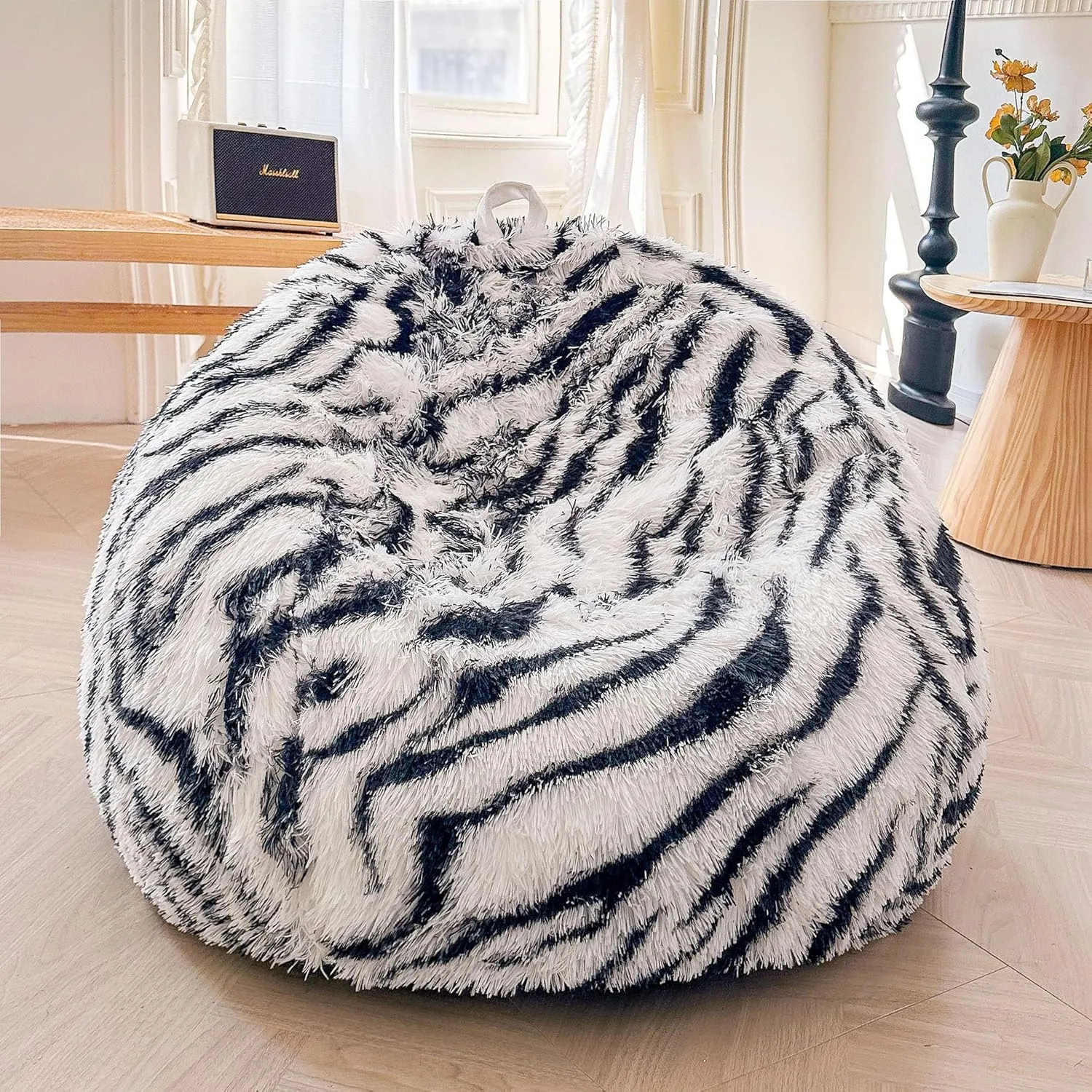 XeGe Zebra Print Faux Fur Bean Bag Chair Cover (No Filler), Striped Fluffy Stuffed Animal Storage Bean Bag, Furry Fuzzy Striped Comfy Beanbag Cover for Adult Kid, Anti-Slip, Black and White