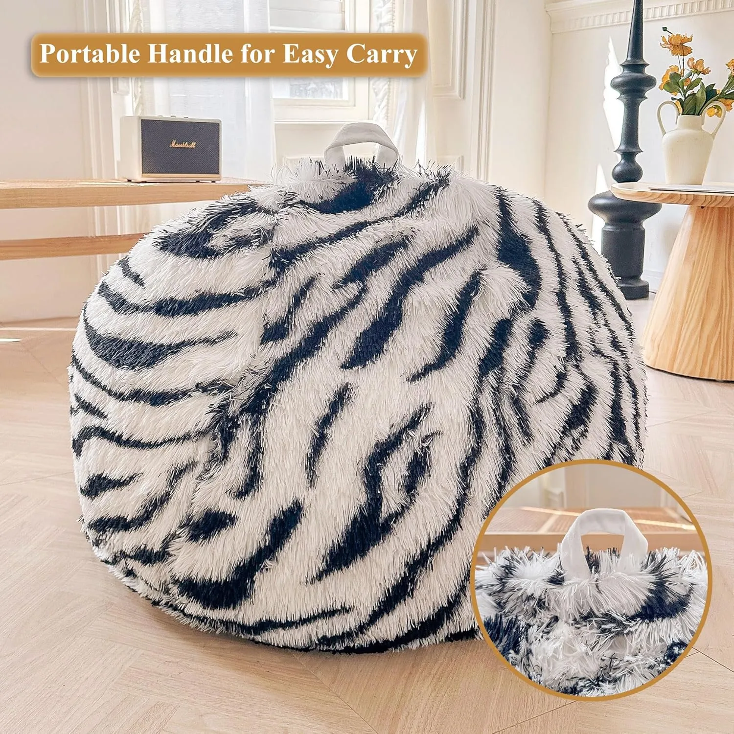 XeGe Zebra Print Faux Fur Bean Bag Chair Cover (No Filler), Striped Fluffy Stuffed Animal Storage Bean Bag, Furry Fuzzy Striped Comfy Beanbag Cover for Adult Kid, Anti-Slip, Black and White