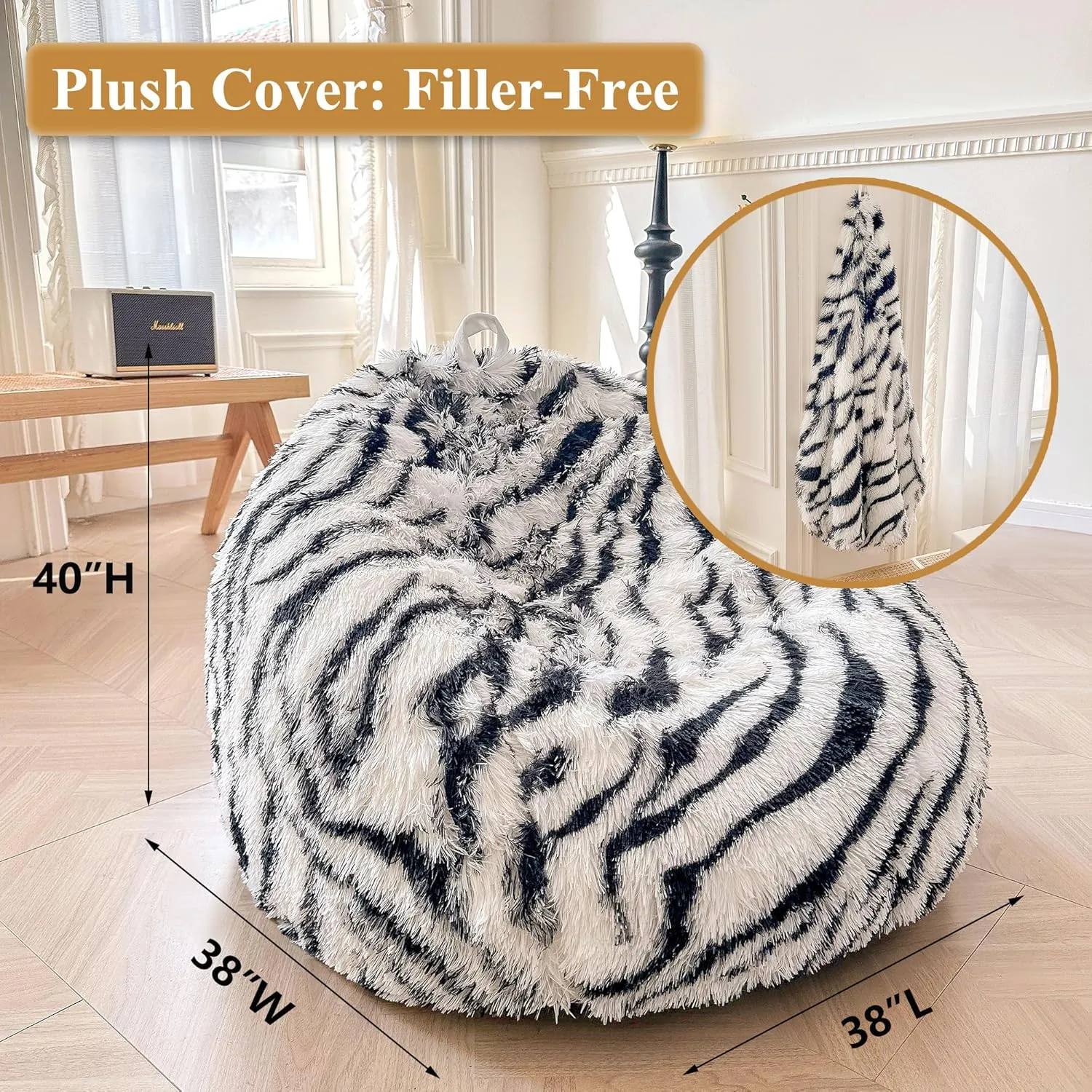 XeGe Zebra Print Faux Fur Bean Bag Chair Cover (No Filler), Striped Fluffy Stuffed Animal Storage Bean Bag, Furry Fuzzy Striped Comfy Beanbag Cover for Adult Kid, Anti-Slip, Black and White