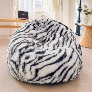 XeGe Zebra Print Faux Fur Bean Bag Chair Cover (No Filler), Striped Fluffy Stuffed Animal Storage Bean Bag, Furry Fuzzy Striped Comfy Beanbag Cover for Adult Kid, Anti-Slip, Black and White