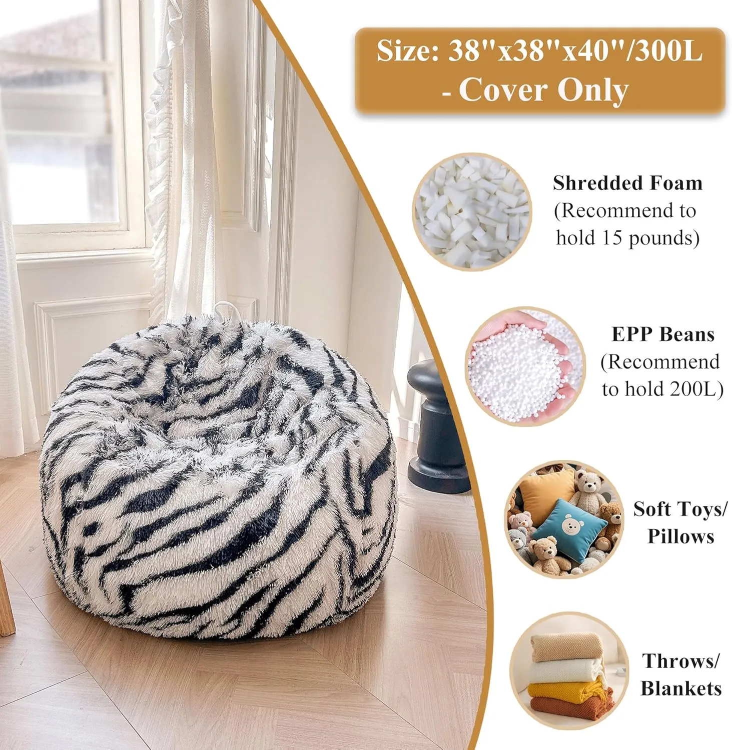 XeGe Zebra Print Faux Fur Bean Bag Chair Cover (No Filler), Striped Fluffy Stuffed Animal Storage Bean Bag, Furry Fuzzy Striped Comfy Beanbag Cover for Adult Kid, Anti-Slip, Black and White