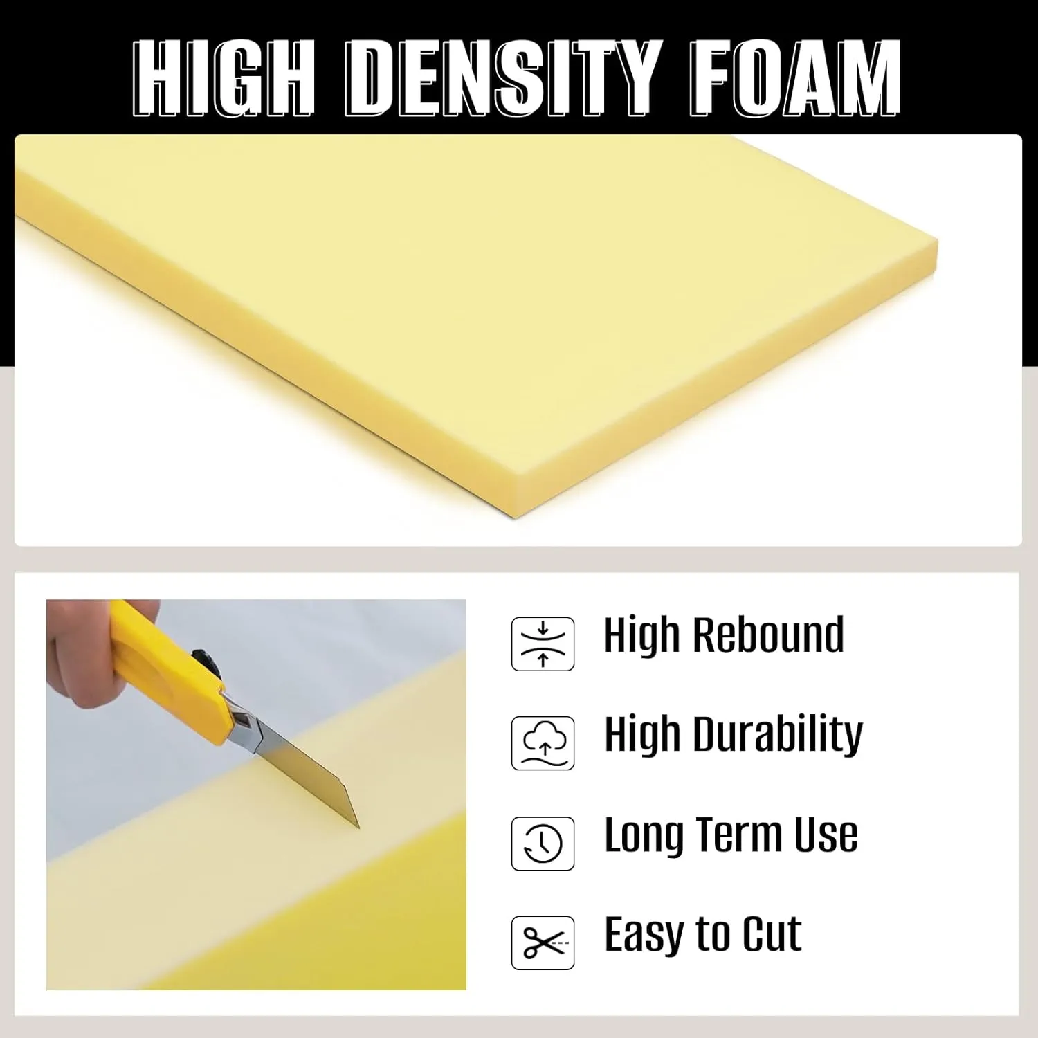 Yellow Foam Board, High-Density Upholstery Foam for Couch Cushion Replacement, Foam Padding for Cushions, Furniture, and DIY Projects, Durable Foam Pad for Chairs, Sofas, and Egg Crate Foam Inserts