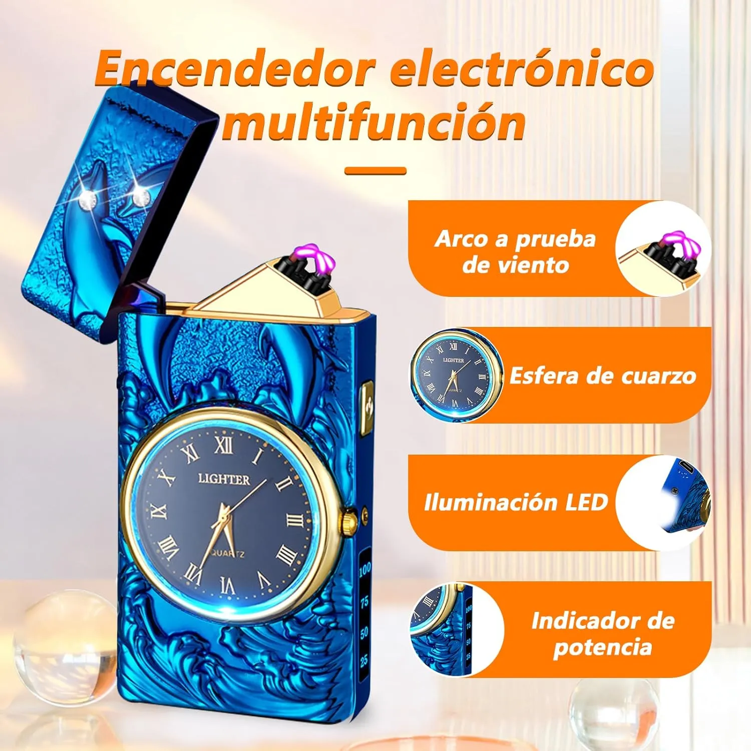 YOZWOO Electric Lighter Arc Lighters Rechargeable USB Lighter Plasma Windproof Flameless Candle Lighters with Dolphin LED Flashlight for Outdoor BBQ, Hiking, Camping(Blue)