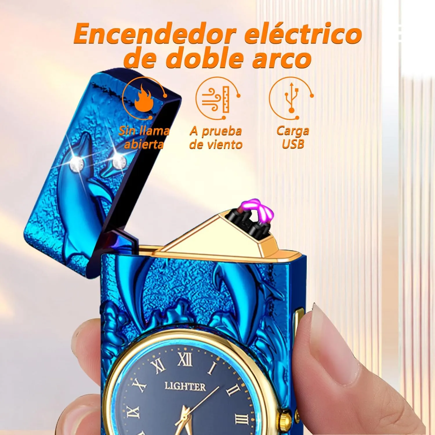 YOZWOO Electric Lighter Arc Lighters Rechargeable USB Lighter Plasma Windproof Flameless Candle Lighters with Dolphin LED Flashlight for Outdoor BBQ, Hiking, Camping(Blue)