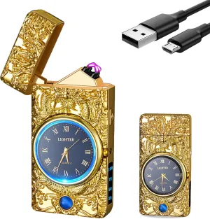 YOZWOO Electric Lighter Plasma Double Arc Lighters Rechargeable USB Lighter Windproof Flameless Clock Candle Lighters with LED Flashlight Clock for Outdoor Camping, BBQ, Fireworks(Gold)