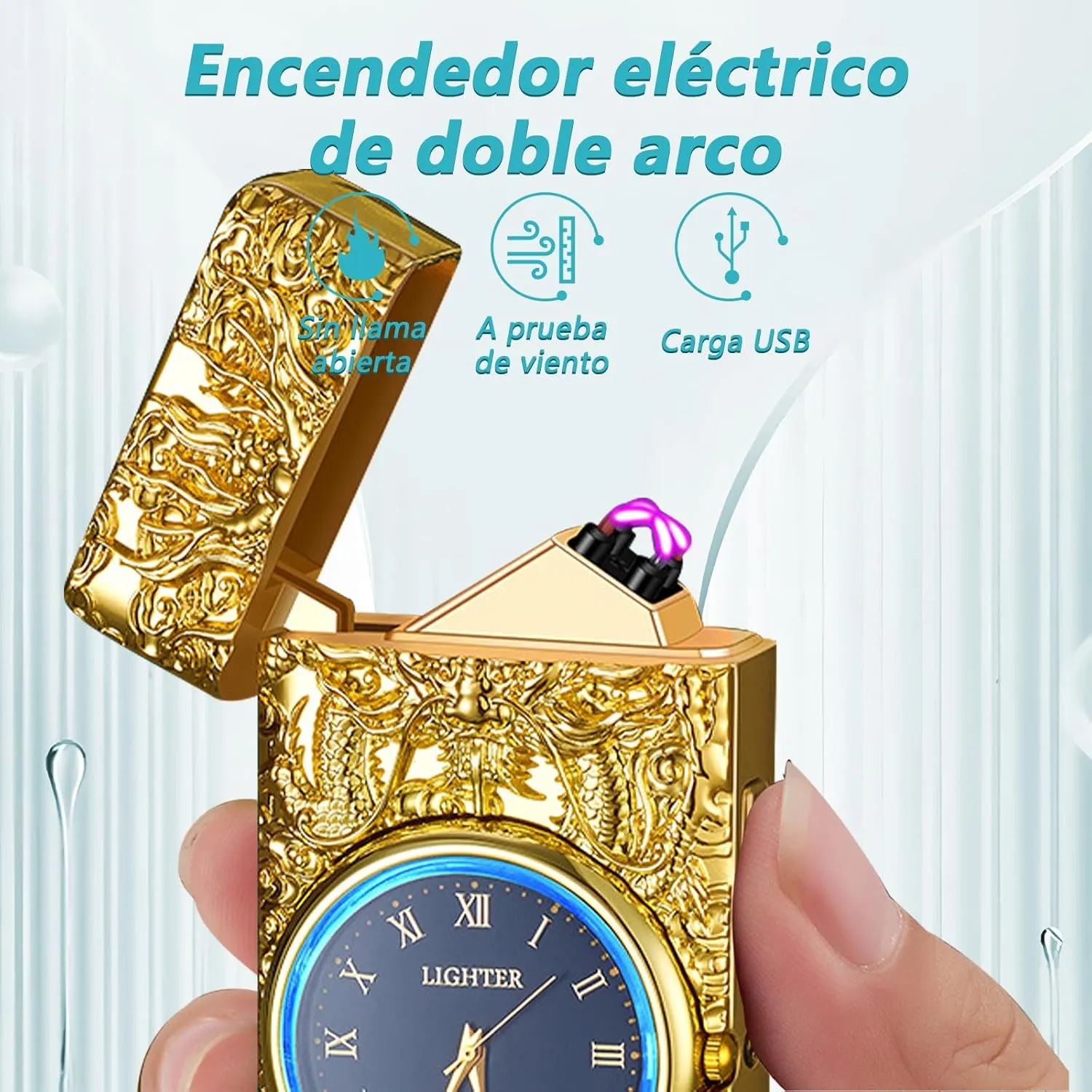 YOZWOO Electric Lighter Plasma Double Arc Lighters Rechargeable USB Lighter Windproof Flameless Clock Candle Lighters with LED Flashlight Clock for Outdoor Camping, BBQ, Fireworks(Gold)