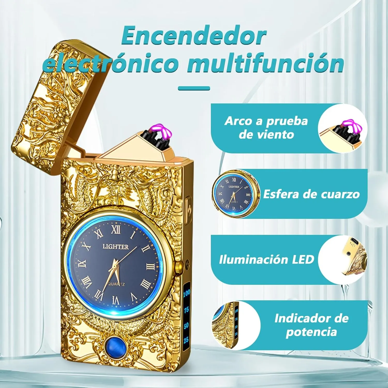 YOZWOO Electric Lighter Plasma Double Arc Lighters Rechargeable USB Lighter Windproof Flameless Clock Candle Lighters with LED Flashlight Clock for Outdoor Camping, BBQ, Fireworks(Gold)