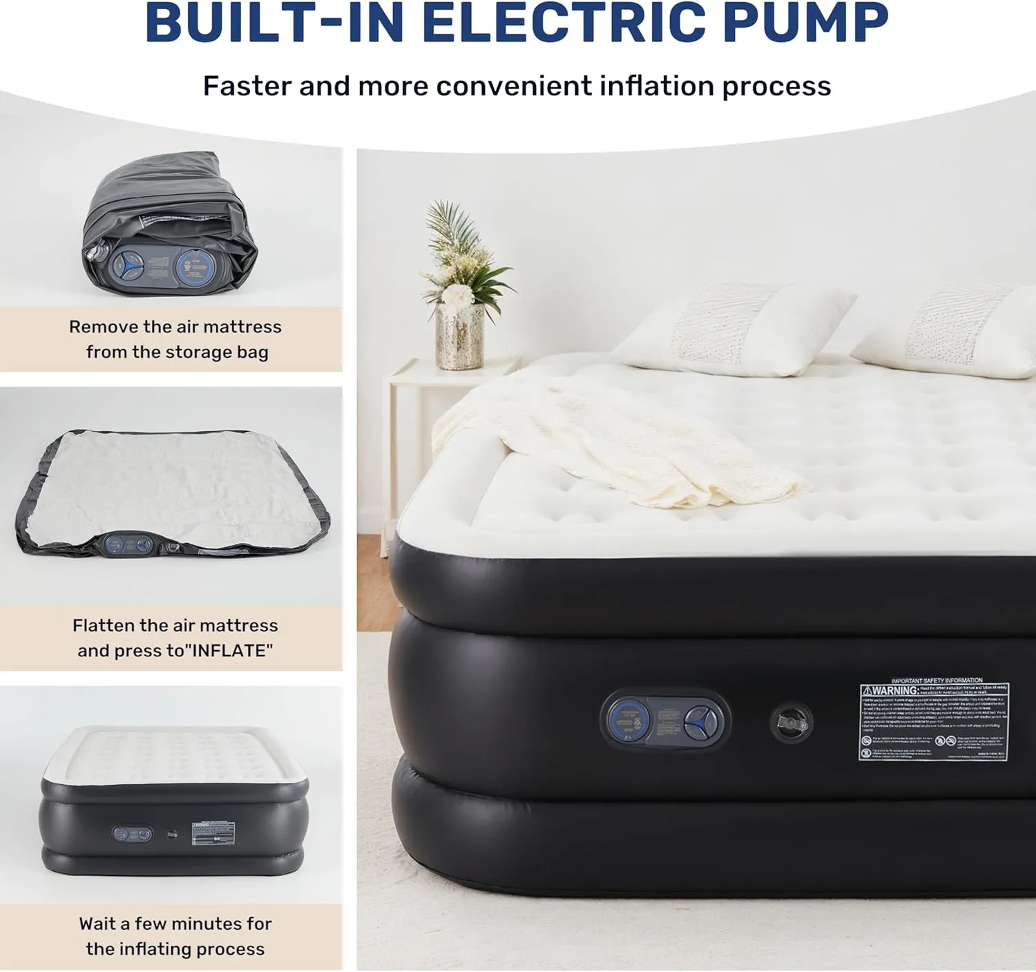 YSSOA Queen Camping Air Mattress with Built-in Electric High-Speed Pump, 18" Bed Height, Comfort Blow Up Inflatable Airbed with Carrying Bag for Travel & Home Guests, Waterproof Foldable Portable