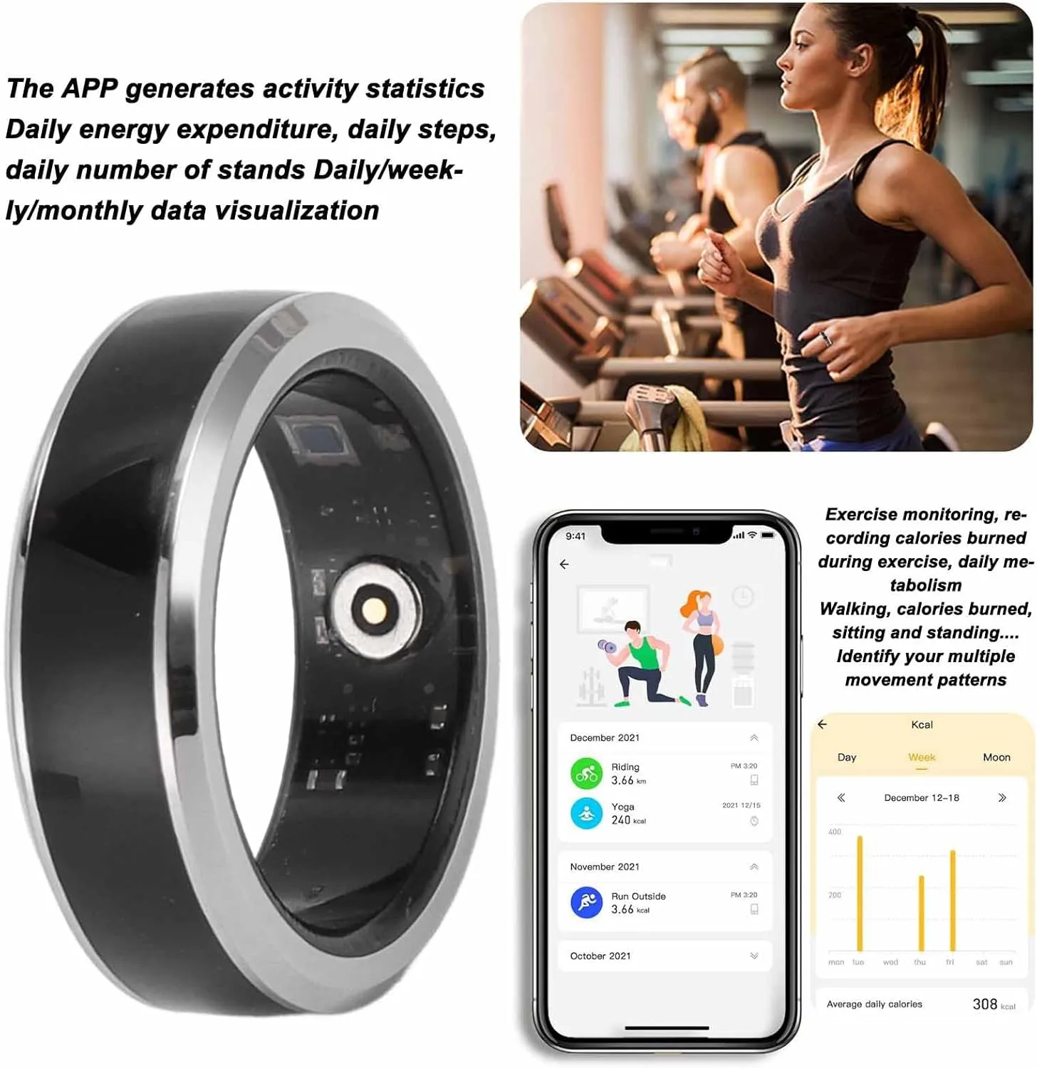 Yunseity Smart Ring Health Tracker, 5ATM Waterproof Sleep Monitoring Step Counting Bluetooth Fitness Tracker, Universal Ring for Men and Women