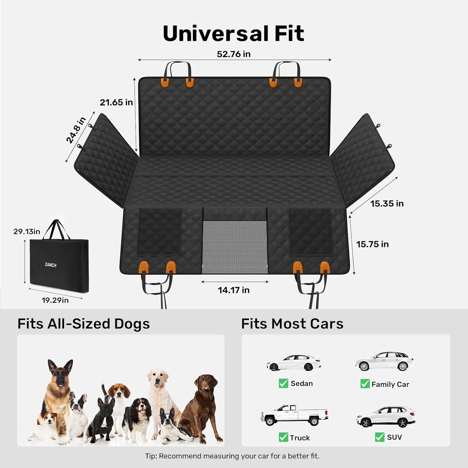 Zanch 2025 Upgraded Dog Car Seat Cover, 400 lbs Heavy Duty Hard Bottom, Waterproof & Anti-Scratch Back Seat Protector, Nonslip Pet Hammock Extender for Cars, SUV, Trucks, Standard-Orange