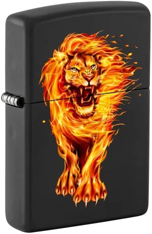 Zippo Lighter: Lion on Fire - Black Matte 81309