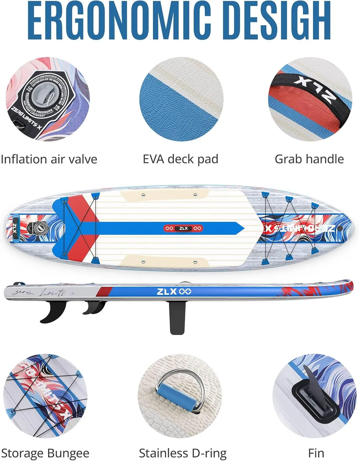 ZLX Inflatable Stand Up Paddle Board, 10'6" Extra Wide Blow Up Paddle Boards with Premium Balance Fin, Portable SUP Paddleboard for Adults, Stable Non-Slip Deck Pad for Beginner, All Skill Levels